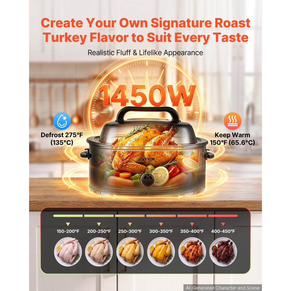 VEVOR Electric Roaster Oven, 24 Qt, Turkey Roasting Pan, Black, 1450W Power, Viewing Self-Basting Lid, 150-450°F Heat Control, Countertop Turkey Cooker with Defrost/Warm, Removable Pan and Rack