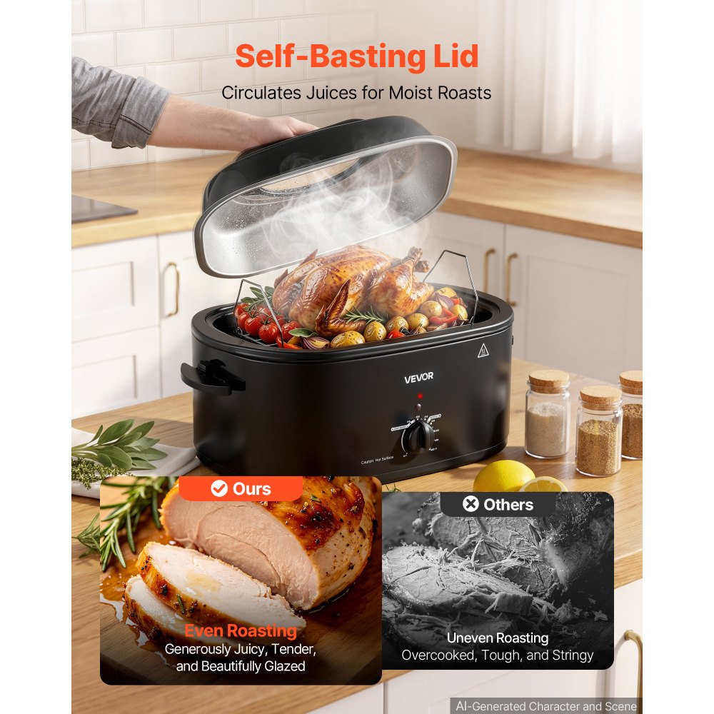 VEVOR Electric Roaster Oven, 24 Qt, Turkey Roasting Pan, Black, 1450W Power, Viewing Self-Basting Lid, 150-450°F Heat Control, Countertop Turkey Cooker with Defrost/Warm, Removable Pan and Rack