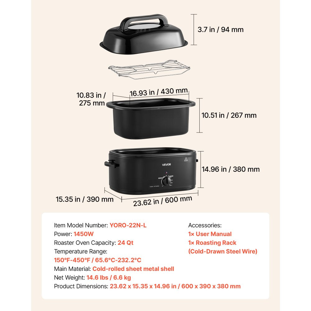 VEVOR Electric Roaster Oven, 24 Qt, Turkey Roasting Pan, Black, 1450W Power, Viewing Self-Basting Lid, 150-450°F Heat Control, Countertop Turkey Cooker with Defrost/Warm, Removable Pan and Rack