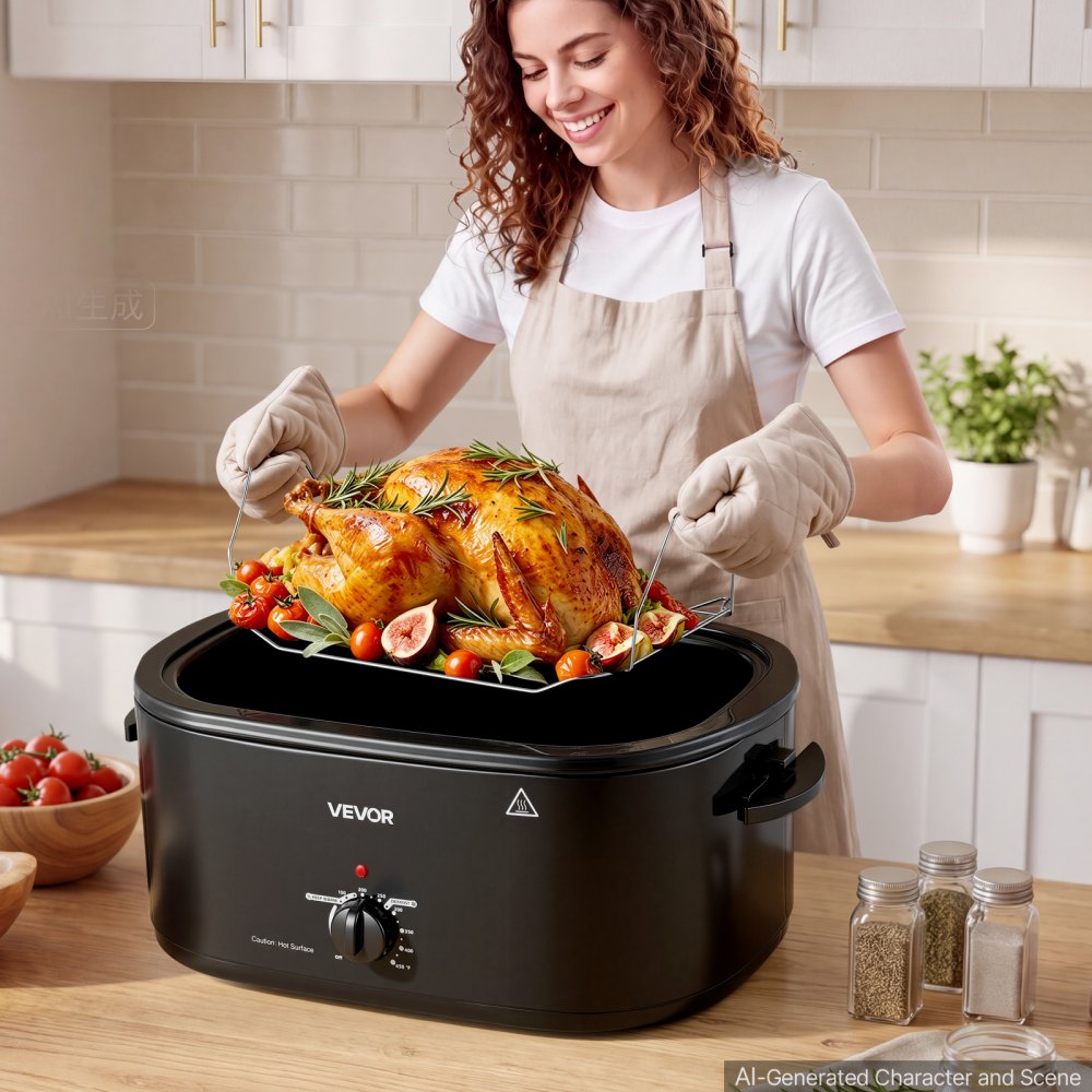 VEVOR Electric Roaster Oven, 24 Qt, Turkey Roasting Pan, Black, 1450W Power, Viewing Self-Basting Lid, 150-450°F Heat Control, Countertop Turkey Cooker with Defrost/Warm, Removable Pan and Rack
