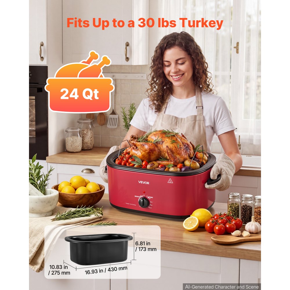 VEVOR Electric Roaster Oven, 24 Qt, Turkey Roasting Pan, Red, 1450W Power, Viewing Self-Basting Lid, 150-450°F Heat Control, Countertop Turkey Cooker with Defrost/Warm, Removable Pan and Rack