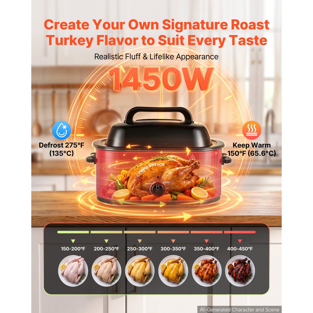 VEVOR Electric Roaster Oven, 24 Qt, Turkey Roasting Pan, Red, 1450W Power, Viewing Self-Basting Lid, 150-450°F Heat Control, Countertop Turkey Cooker with Defrost/Warm, Removable Pan and Rack