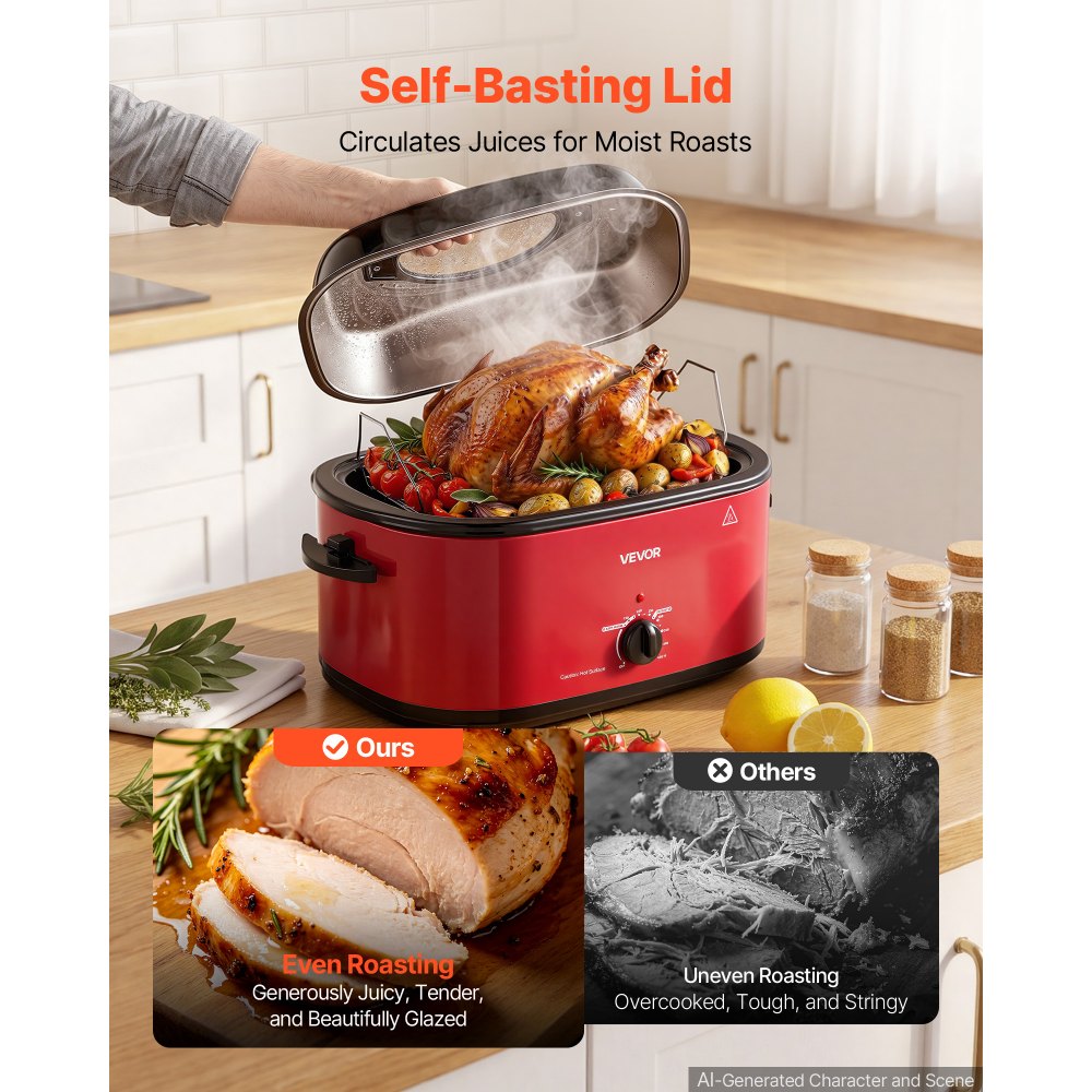 VEVOR Electric Roaster Oven, 24 Qt, Turkey Roasting Pan, Red, 1450W Power, Viewing Self-Basting Lid, 150-450°F Heat Control, Countertop Turkey Cooker with Defrost/Warm, Removable Pan and Rack