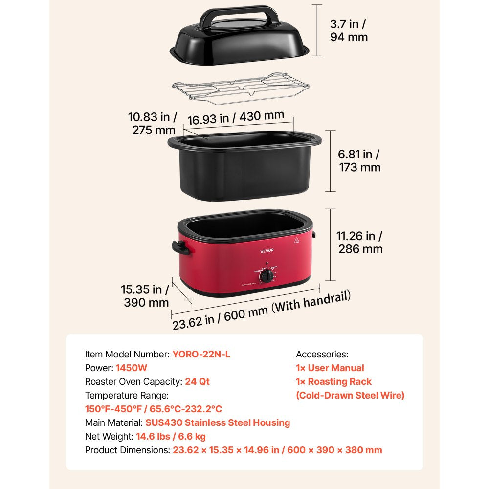 VEVOR Electric Roaster Oven, 24 Qt, Turkey Roasting Pan, Red, 1450W Power, Viewing Self-Basting Lid, 150-450°F Heat Control, Countertop Turkey Cooker with Defrost/Warm, Removable Pan and Rack