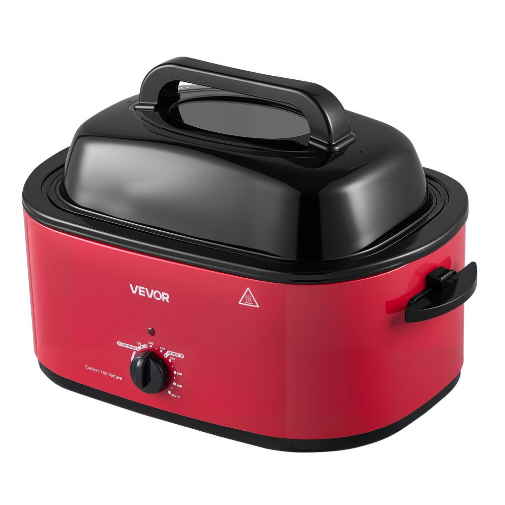 VEVOR Electric Roaster Oven, 24 Qt, Turkey Roasting Pan, Red, 1450W Power, Viewing Self-Basting Lid, 150-450°F Heat Control, Countertop Turkey Cooker with Defrost/Warm, Removable Pan and Rack