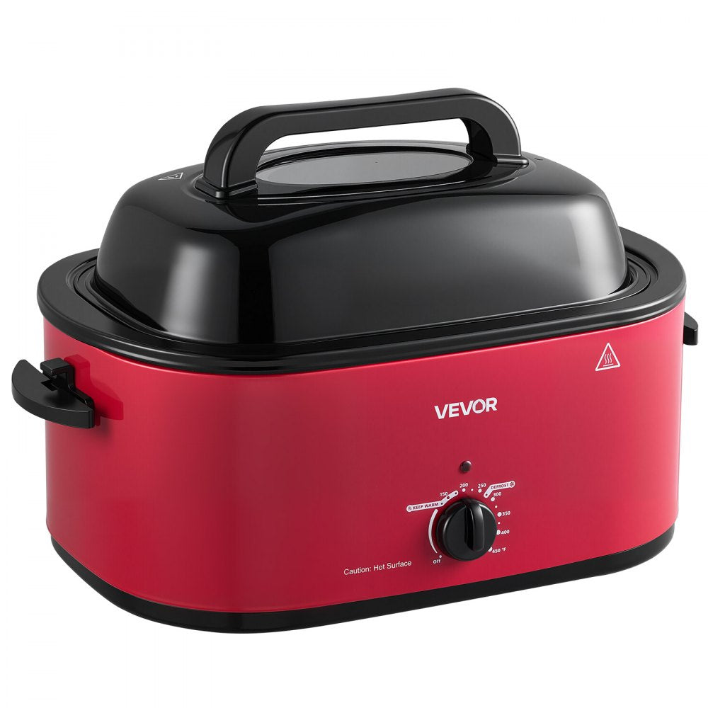 VEVOR Electric Roaster Oven, 24 Qt, Turkey Roasting Pan, Red, 1450W Power, Viewing Self-Basting Lid, 150-450°F Heat Control, Countertop Turkey Cooker with Defrost/Warm, Removable Pan and Rack