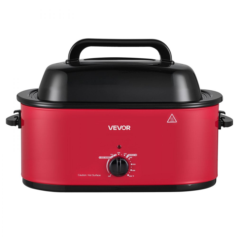 VEVOR Electric Roaster Oven, 24 Qt, Turkey Roasting Pan, Red, 1450W Power, Viewing Self-Basting Lid, 150-450°F Heat Control, Countertop Turkey Cooker with Defrost/Warm, Removable Pan and Rack