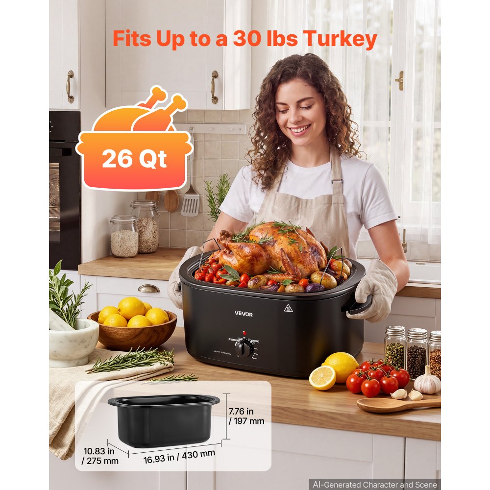 VEVOR Electric Roaster Oven, 26 Qt, Turkey Roasting Pan, Black, 1450W Power, Viewing Self-Basting Lid, 150-450°F Heat Control, Countertop Turkey Cooker with Defrost/Warm, Removable Pan and Rack