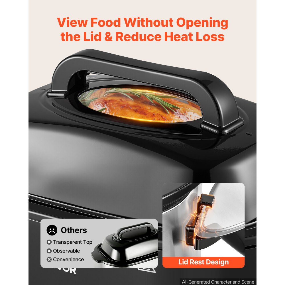 VEVOR Electric Roaster Oven, 26 Qt, Turkey Roasting Pan, Black, 1450W Power, Viewing Self-Basting Lid, 150-450°F Heat Control, Countertop Turkey Cooker with Defrost/Warm, Removable Pan and Rack