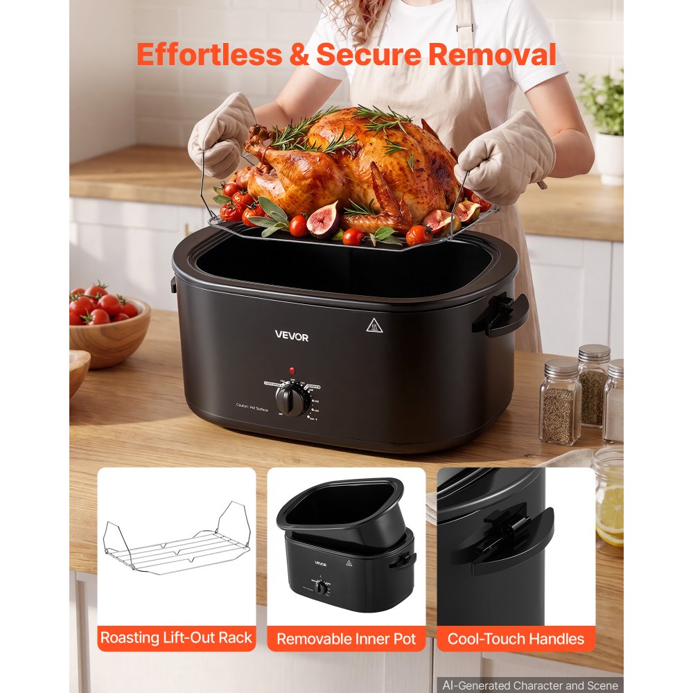 VEVOR Electric Roaster Oven, 26 Qt, Turkey Roasting Pan, Black, 1450W Power, Viewing Self-Basting Lid, 150-450°F Heat Control, Countertop Turkey Cooker with Defrost/Warm, Removable Pan and Rack