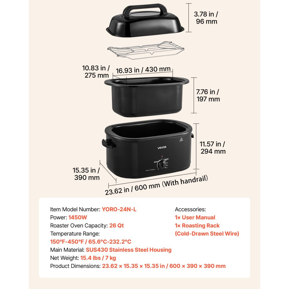 VEVOR Electric Roaster Oven, 26 Qt, Turkey Roasting Pan, Black, 1450W Power, Viewing Self-Basting Lid, 150-450°F Heat Control, Countertop Turkey Cooker with Defrost/Warm, Removable Pan and Rack