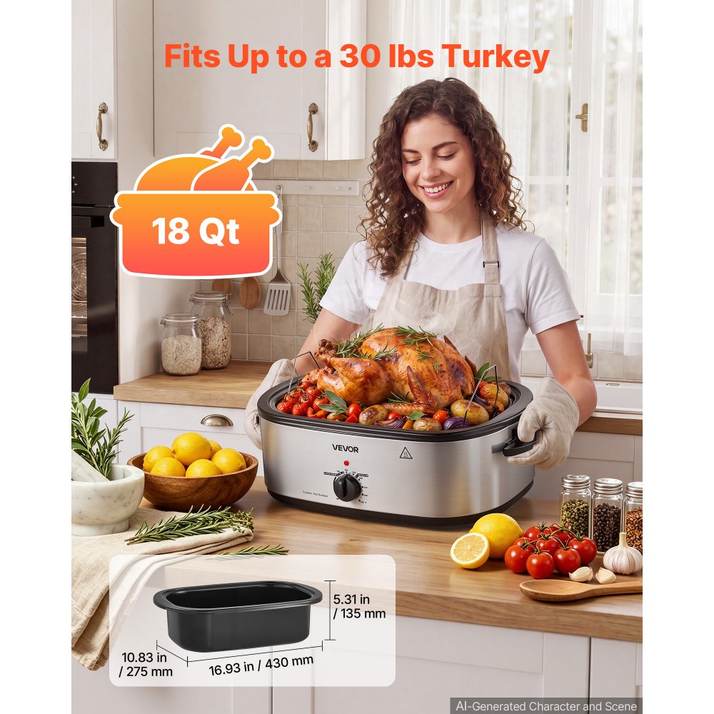 VEVOR Electric Roaster Oven, 18 Qt 1450W, Turkey Roasting Pan, Viewing Self-Basting Lid, 150-450°F Adjustable Heat, Countertop Turkey Cooker with Defrost and Warm Functions, Removable Pan and Rack