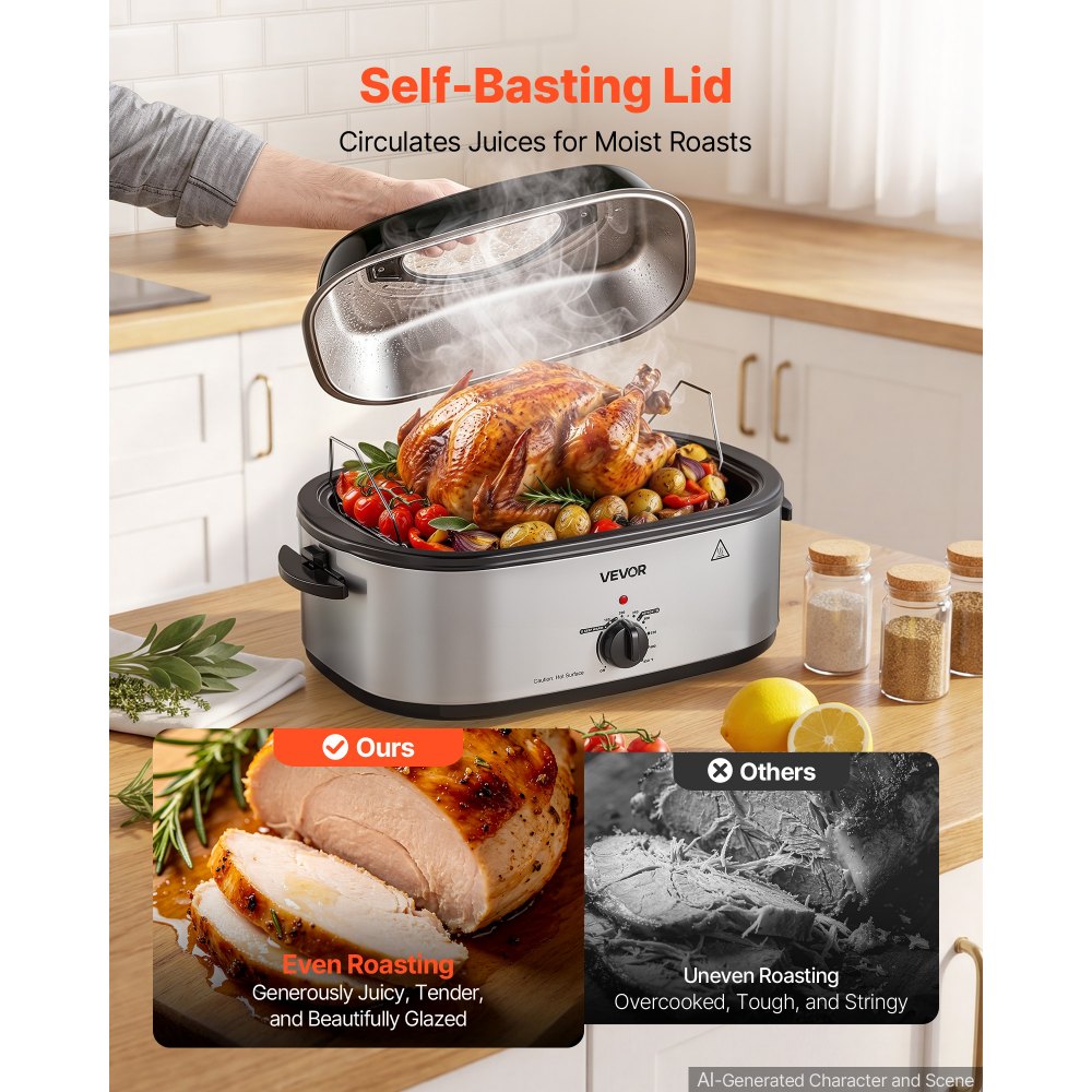 VEVOR Electric Roaster Oven, 18 Qt 1450W, Turkey Roasting Pan, Viewing Self-Basting Lid, 150-450°F Adjustable Heat, Countertop Turkey Cooker with Defrost and Warm Functions, Removable Pan and Rack
