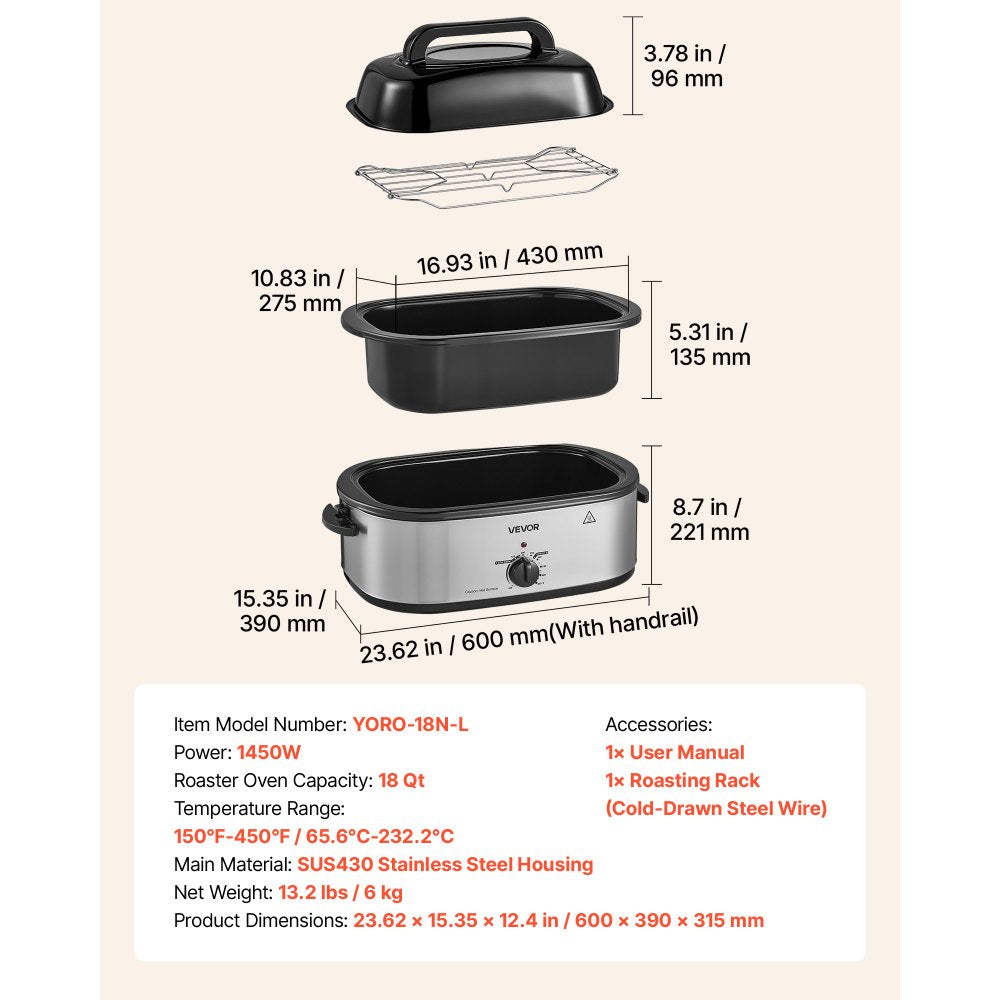VEVOR Electric Roaster Oven, 18 Qt 1450W, Turkey Roasting Pan, Viewing Self-Basting Lid, 150-450°F Adjustable Heat, Countertop Turkey Cooker with Defrost and Warm Functions, Removable Pan and Rack