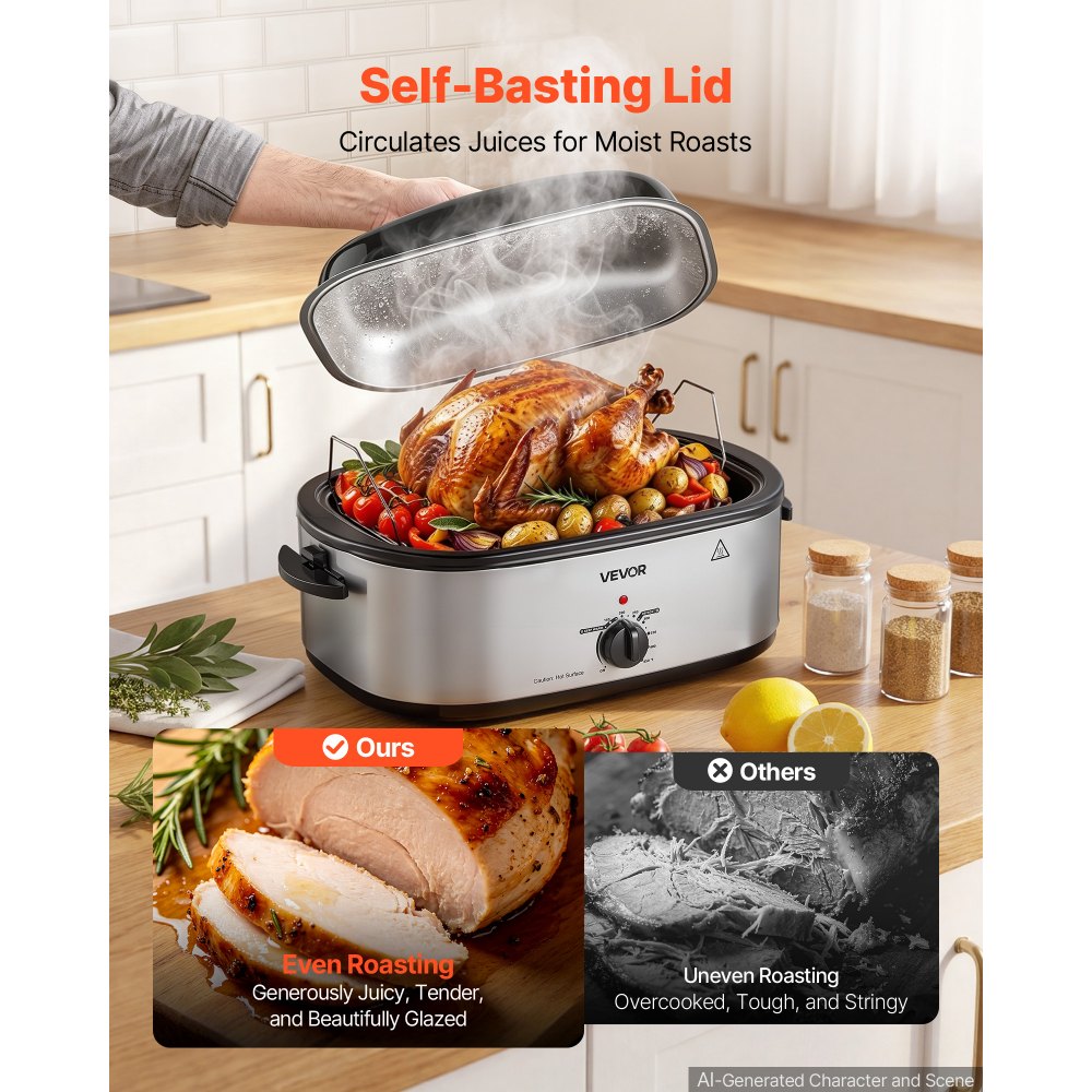 VEVOR Electric Roaster Oven, 20 Qt 1450W, Turkey Roasting Pan, Metal Self-Basting Lid, 150-450°F Adjustable Heat, Countertop Turkey Cooker with Defrost and Warm Functions, Removable Pan and Rack