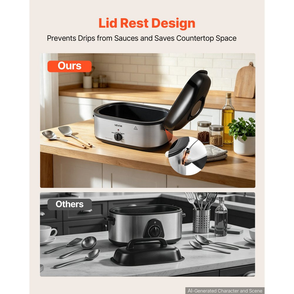 VEVOR Electric Roaster Oven, 20 Qt 1450W, Turkey Roasting Pan, Metal Self-Basting Lid, 150-450°F Adjustable Heat, Countertop Turkey Cooker with Defrost and Warm Functions, Removable Pan and Rack