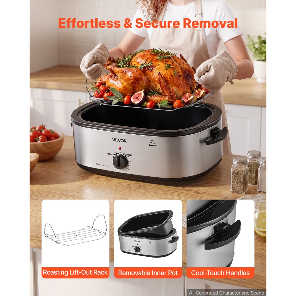 VEVOR Electric Roaster Oven, 20 Qt 1450W, Turkey Roasting Pan, Metal Self-Basting Lid, 150-450°F Adjustable Heat, Countertop Turkey Cooker with Defrost and Warm Functions, Removable Pan and Rack