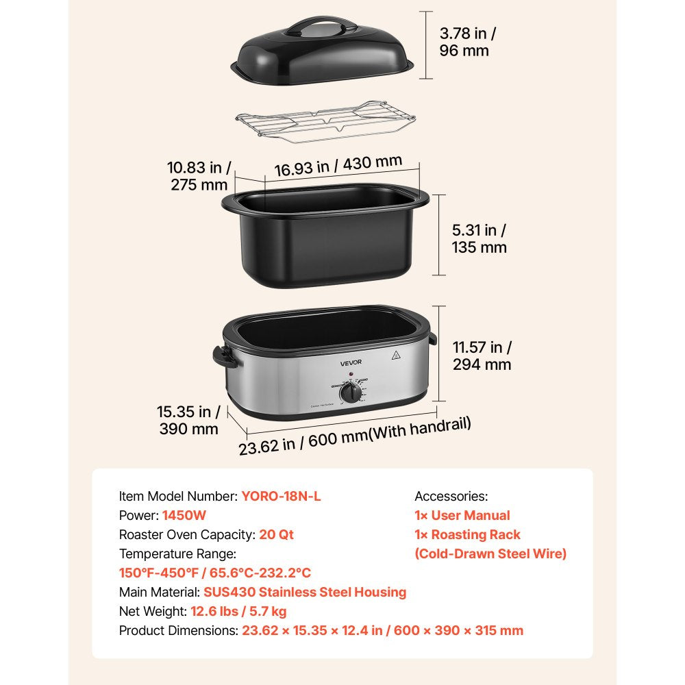 VEVOR Electric Roaster Oven, 20 Qt 1450W, Turkey Roasting Pan, Metal Self-Basting Lid, 150-450°F Adjustable Heat, Countertop Turkey Cooker with Defrost and Warm Functions, Removable Pan and Rack