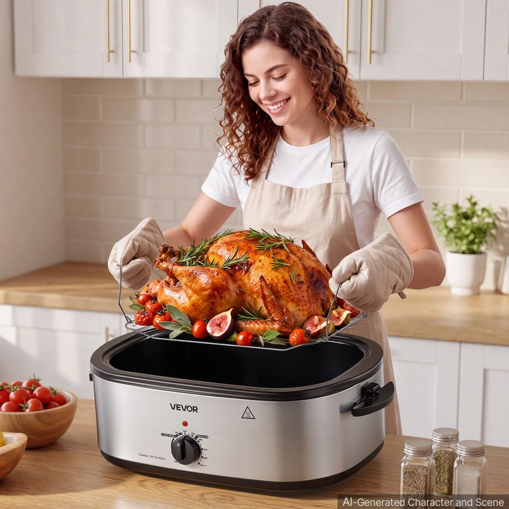 VEVOR Electric Roaster Oven, 20 Qt 1450W, Turkey Roasting Pan, Metal Self-Basting Lid, 150-450°F Adjustable Heat, Countertop Turkey Cooker with Defrost and Warm Functions, Removable Pan and Rack