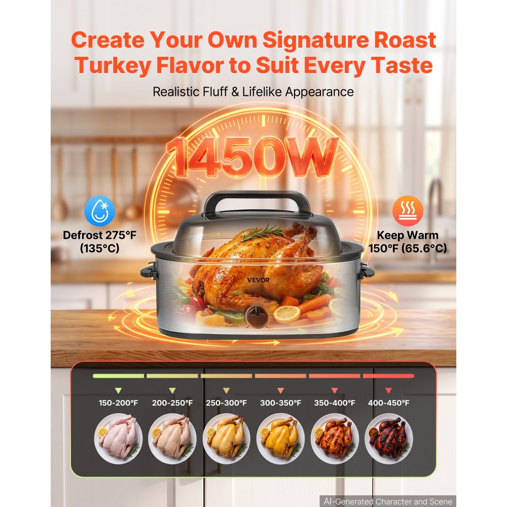 VEVOR Electric Roaster Oven, 22 Qt 1450W, Turkey Roasting Pan, Viewing Self-Basting Lid, 150-450°F Adjustable Heat, Countertop Turkey Cooker with Defrost and Warm Functions, Removable Pan and Rack