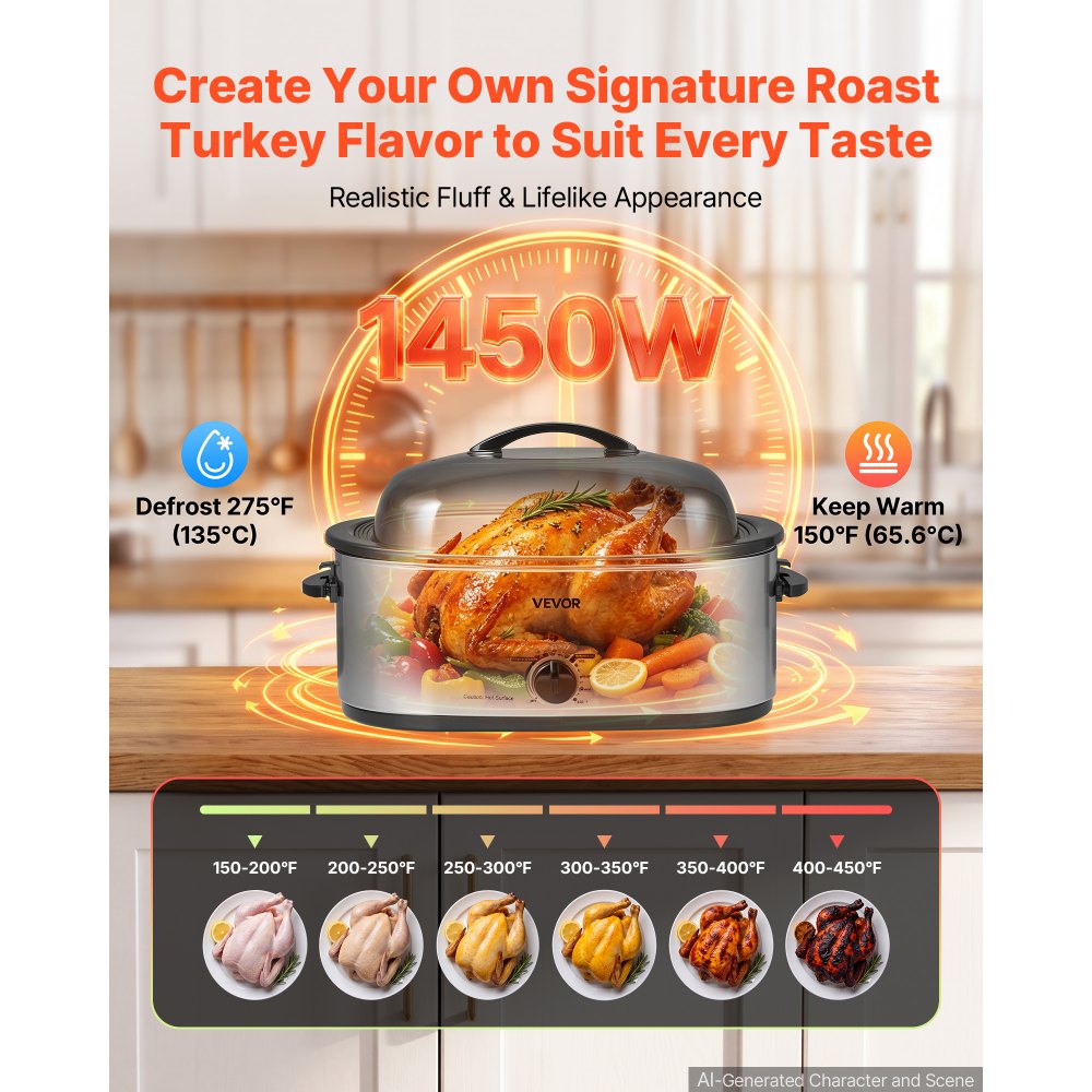 VEVOR Electric Roaster Oven, 22 Qt 1450W, Turkey Roasting Pan, Metal Self-Basting Lid, 150-450°F Adjustable Heat, Countertop Turkey Cooker with Defrost and Warm Functions, Removable Pan and Rack