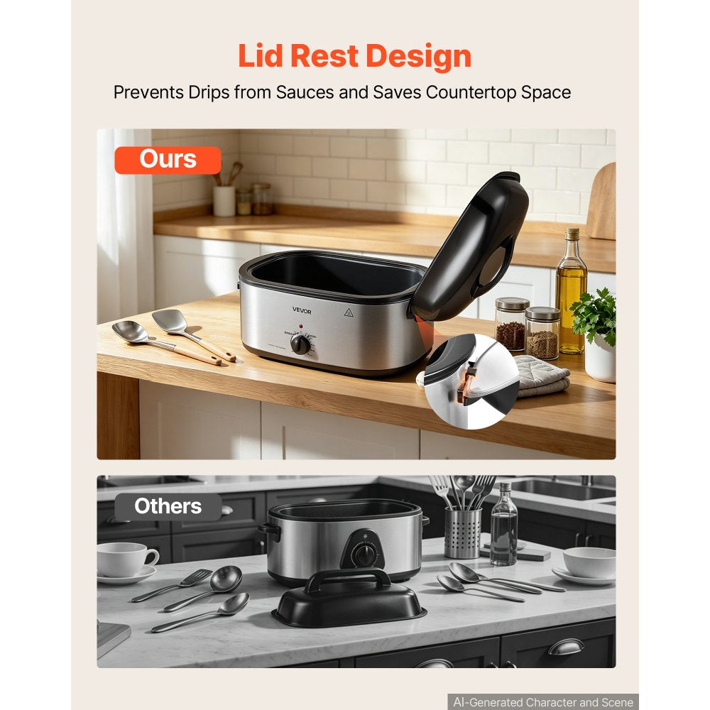 VEVOR Electric Roaster Oven, 22 Qt 1450W, Turkey Roasting Pan, Metal Self-Basting Lid, 150-450°F Adjustable Heat, Countertop Turkey Cooker with Defrost and Warm Functions, Removable Pan and Rack