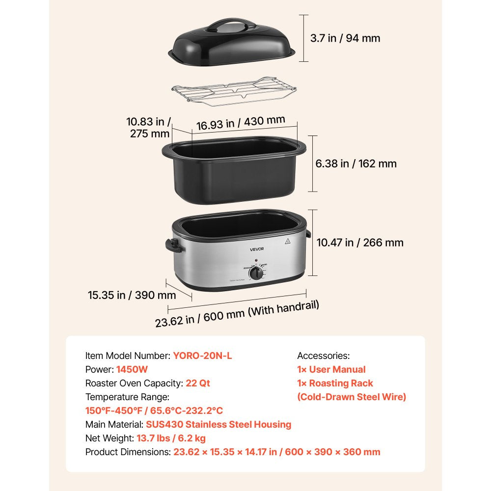VEVOR Electric Roaster Oven, 22 Qt 1450W, Turkey Roasting Pan, Metal Self-Basting Lid, 150-450°F Adjustable Heat, Countertop Turkey Cooker with Defrost and Warm Functions, Removable Pan and Rack
