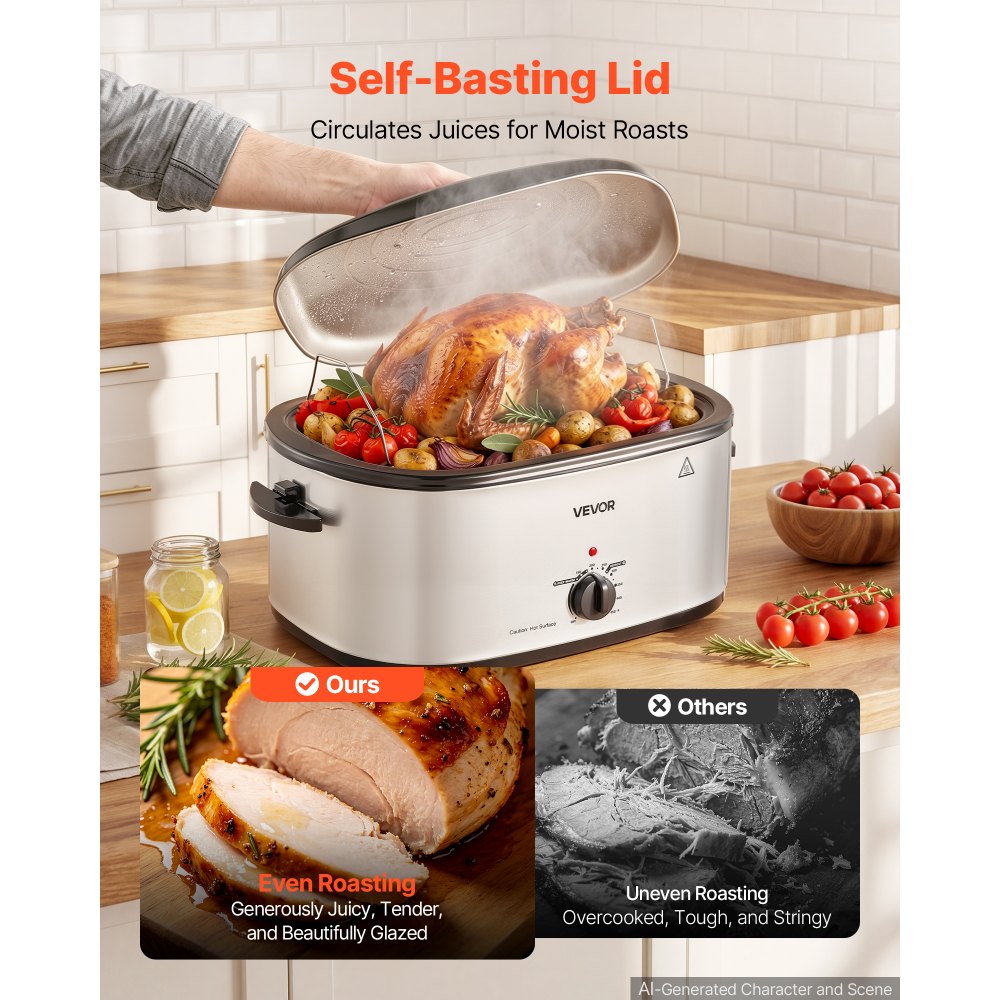 VEVOR Electric Roaster Oven, 24 Qt 1450W, Turkey Roasting Pan, 3 Food Trays, Buffet Server, Self-Basting Lid, 150-450°F Heat Control, Countertop Turkey Cooker with Roasting, Warming and Removable Rack