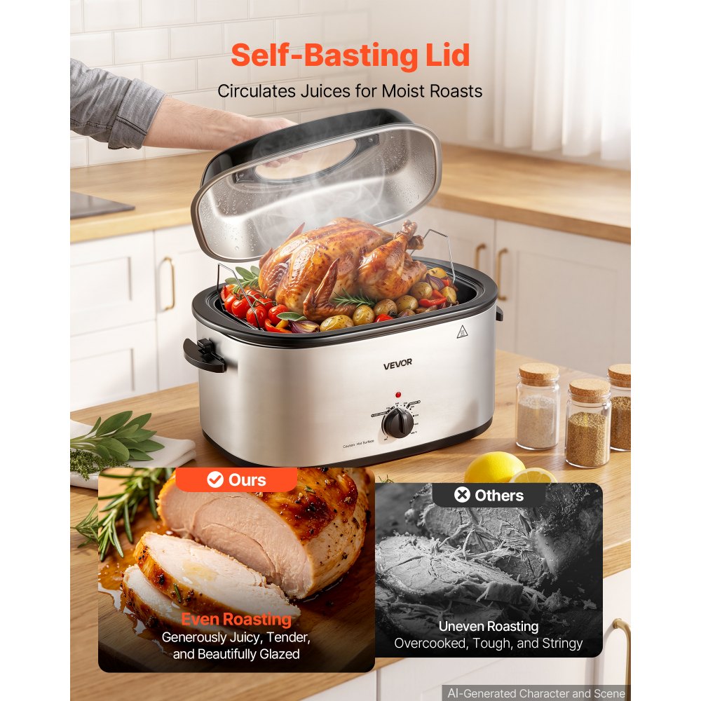 VEVOR Electric Roaster Oven, 26 Qt 1450W, Turkey Roasting Pan, Viewing Self-Basting Lid, 150-450°F Adjustable Heat, Countertop Turkey Cooker with Defrost and Warm Functions, Removable Pan and Rack