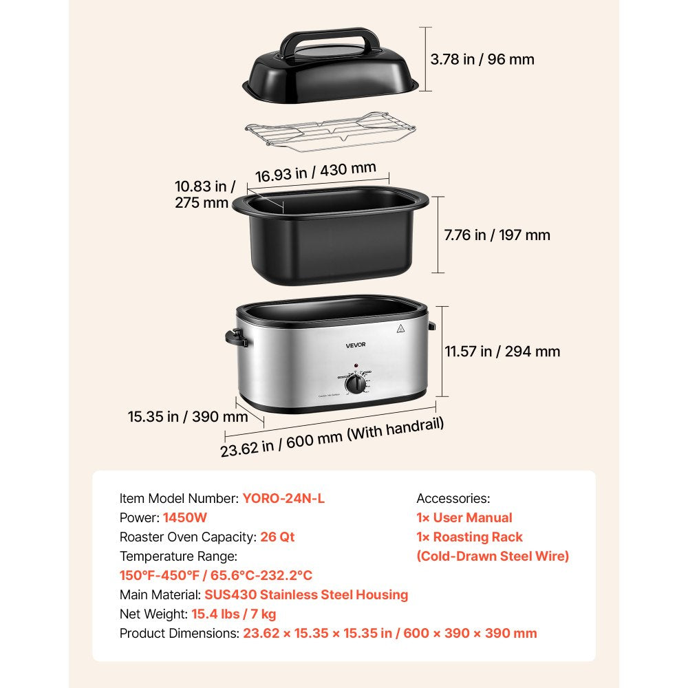 VEVOR Electric Roaster Oven, 26 Qt 1450W, Turkey Roasting Pan, Viewing Self-Basting Lid, 150-450°F Adjustable Heat, Countertop Turkey Cooker with Defrost and Warm Functions, Removable Pan and Rack