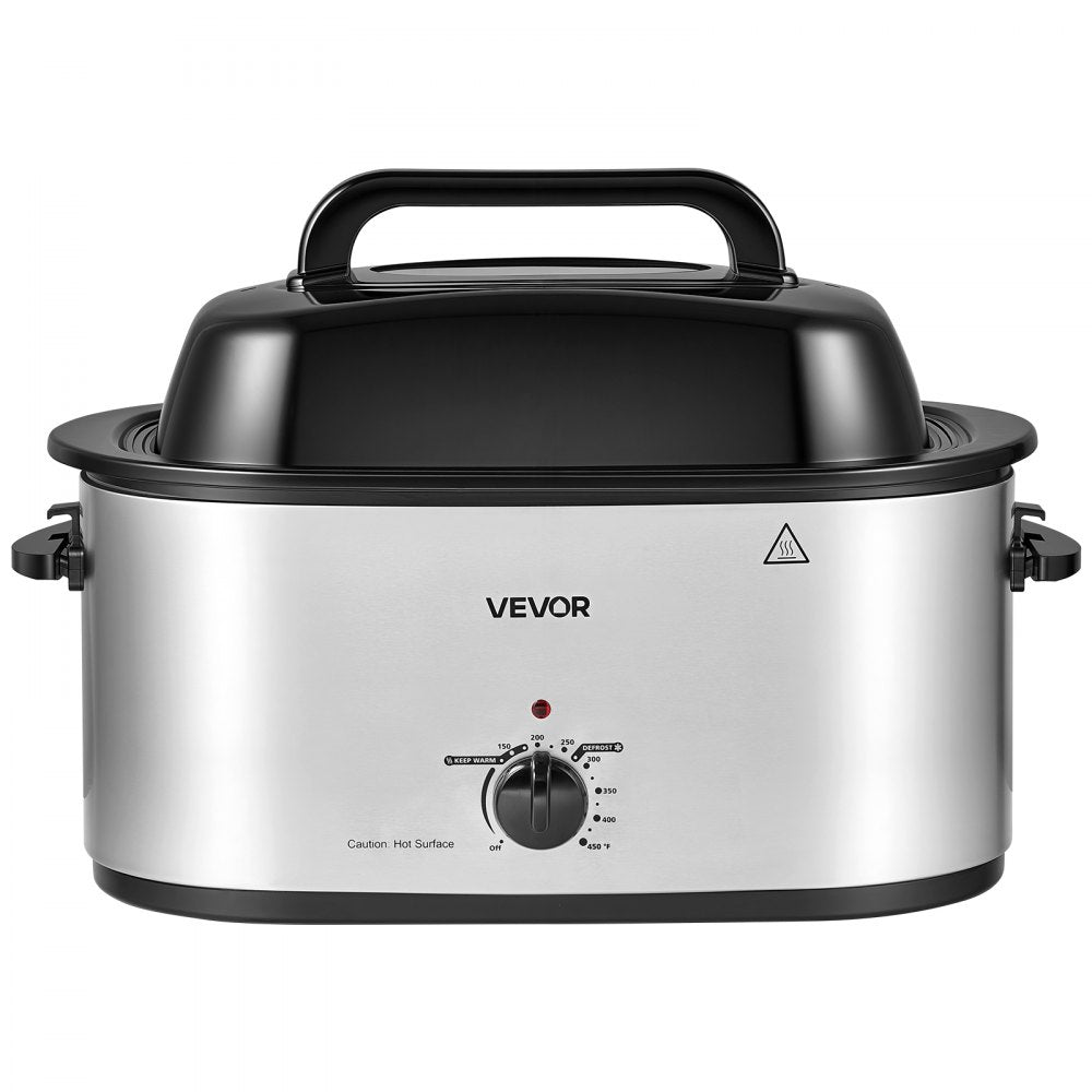 VEVOR Electric Roaster Oven, 26 Qt 1450W, Turkey Roasting Pan, Viewing Self-Basting Lid, 150-450°F Adjustable Heat, Countertop Turkey Cooker with Defrost and Warm Functions, Removable Pan and Rack