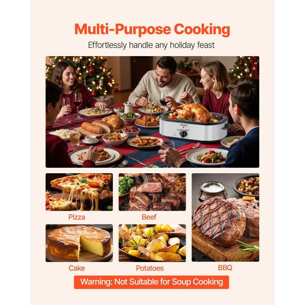 VEVOR Roaster Oven, 18QT Electric Roaster Oven, 150-450℉ Adjustable Temperature Electric Roasting Pan with Self-Basting Lid, Cool-Touch Handle, Defrost & Warm Function, Stainless Steel Turkey Ovens