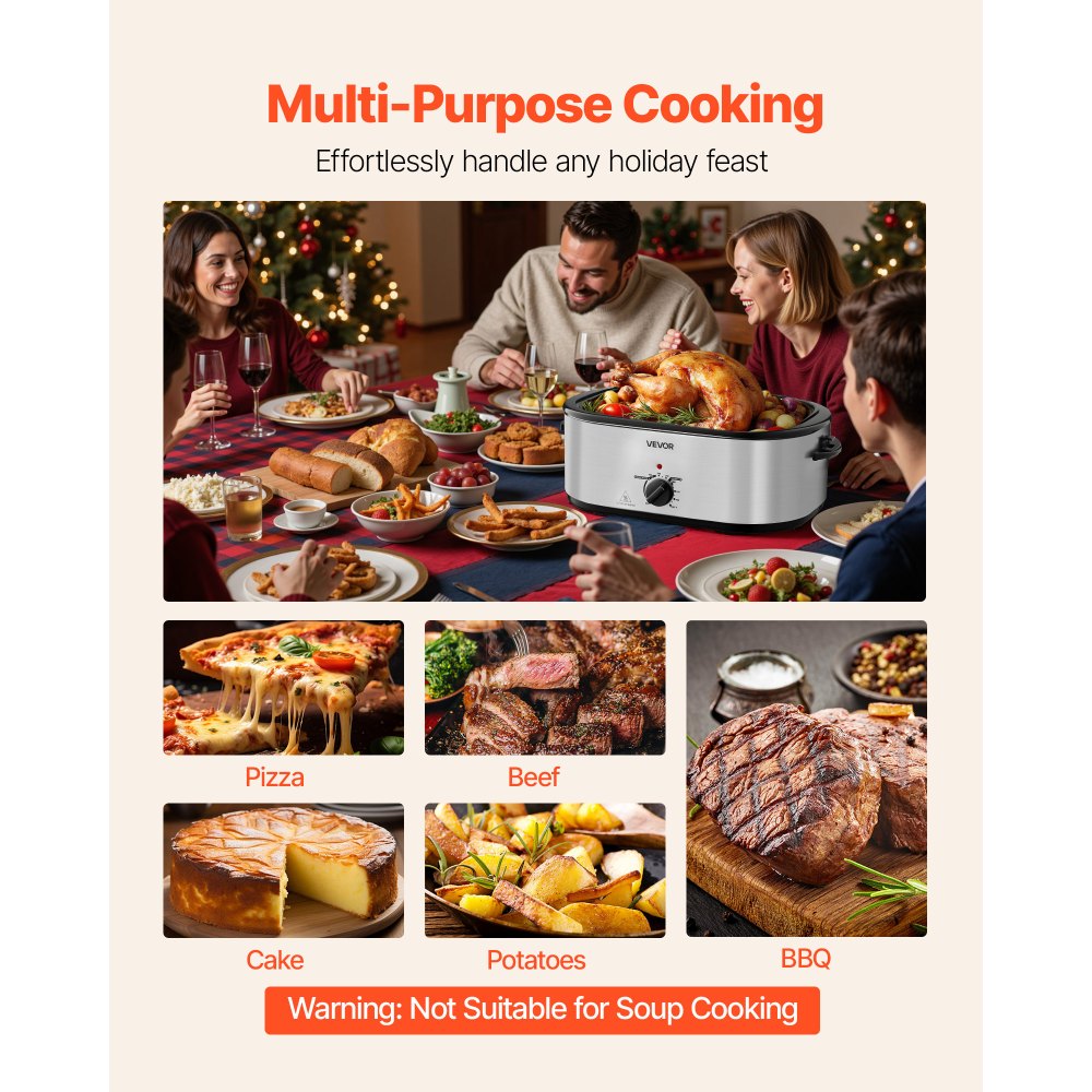 VEVOR Roaster Oven, 24QT Electric Turkey Roaster Oven, 150-450℉ Adjustable Temperature Electric Roasting Pan with 3 Bin Buffet Server, Self-Basting Lid, Defrost & Warm Function, Self-Basting Lid