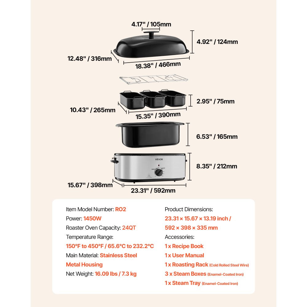 VEVOR Roaster Oven, 24QT Electric Turkey Roaster Oven, 150-450℉ Adjustable Temperature Electric Roasting Pan with 3 Bin Buffet Server, Self-Basting Lid, Defrost & Warm Function, Self-Basting Lid