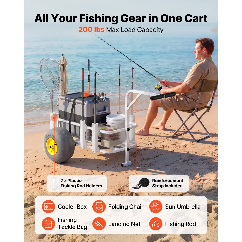 VEVOR Beach Fishing Cart, 200 lbs Load Capacity, Foldable Fishing Cart with Heavy-Duty Carbon Steel Frame, 13-Inch All-Terrain PU Balloon Tires, 7 Rod Holders, for Outdoor Activities Camping Picnic