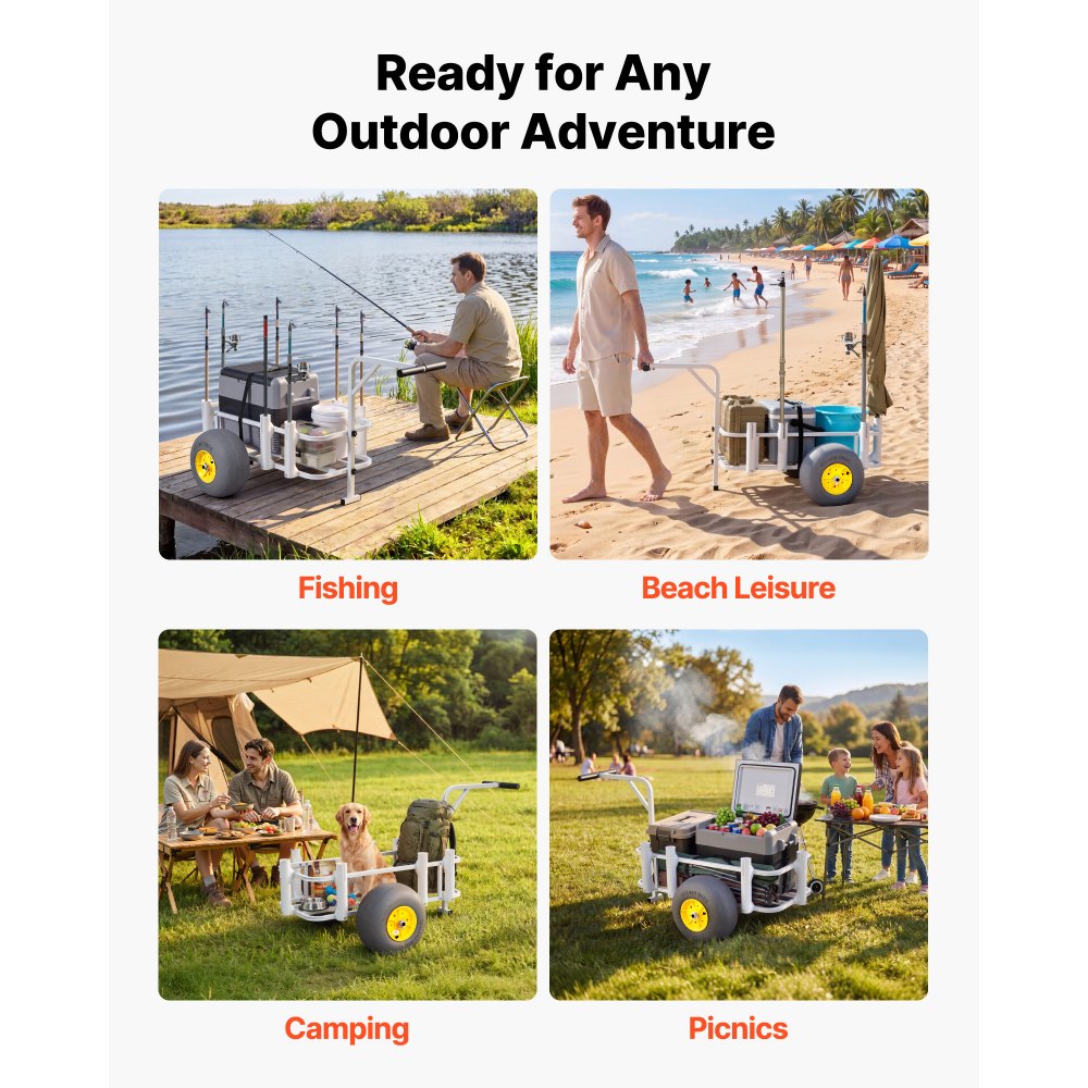 VEVOR Beach Fishing Cart, 200 lbs Load Capacity, Foldable Fishing Cart with Heavy-Duty Carbon Steel Frame, 13-Inch All-Terrain PU Balloon Tires, 7 Rod Holders, for Outdoor Activities Camping Picnic