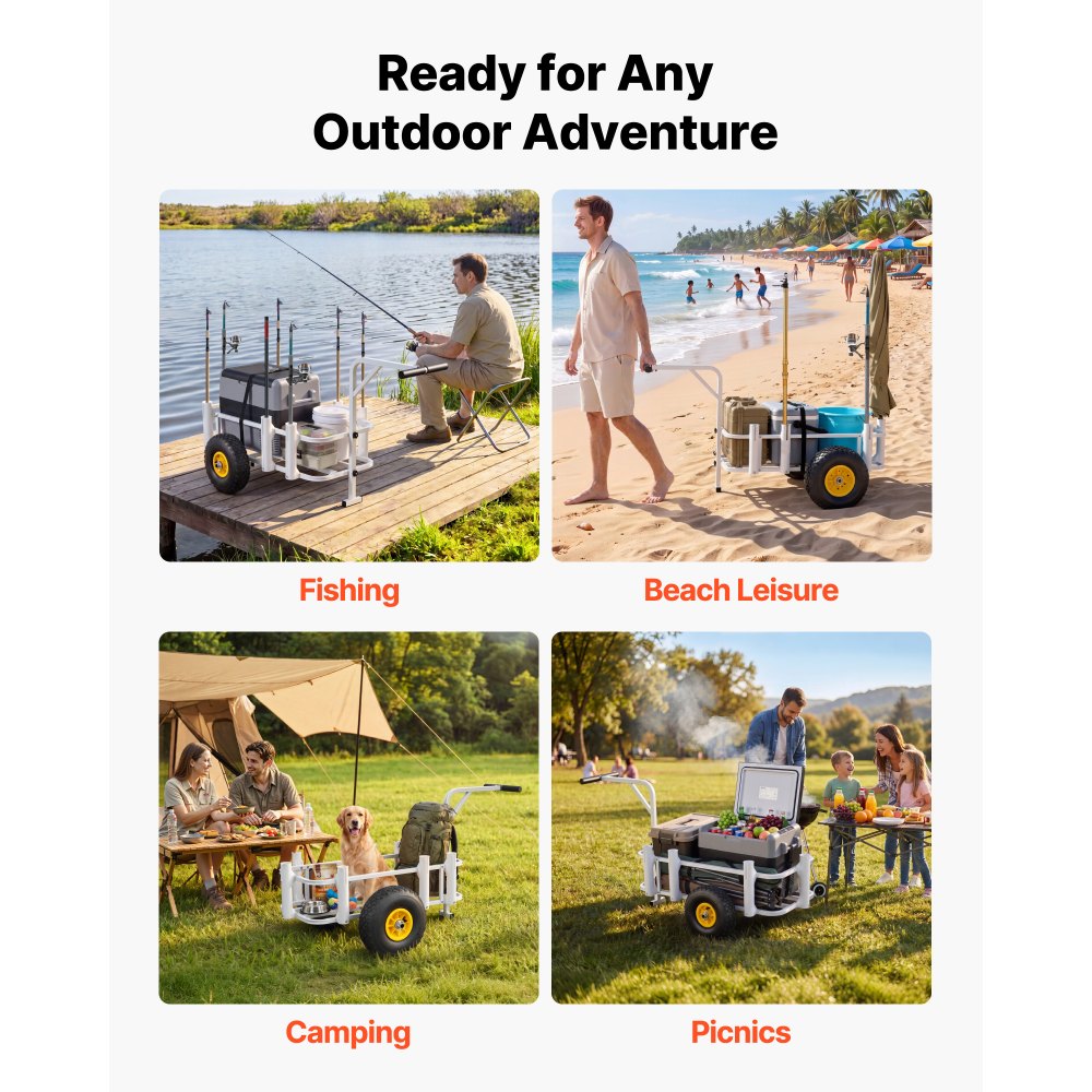 VEVOR Beach Fishing Cart, 200 lbs Load Capacity, Fishing Cart Wagon with Heavy-Duty Carbon Steel Frame, 11 in All-Terrain Tires, 7 Rod Holders, Easy to Clean, for Outdoor Activities Camping Picnic