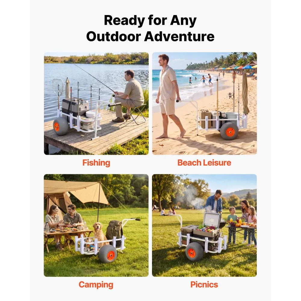 VEVOR Beach Fishing Cart, 300 lbs Load Capacity, Fishing Cart Wagon with Heavy-Duty Aluminum Alloy Frame, 13-Inch All-Terrain PU Balloon Tires, 8 Rod Holders, for Outdoor Activities Camping Picnic