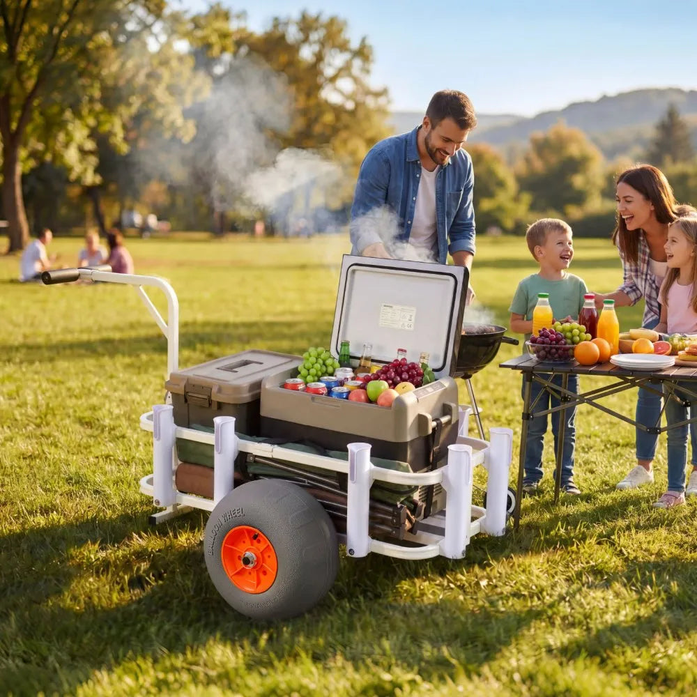 VEVOR Beach Fishing Cart, 300 lbs Load Capacity, Fishing Cart Wagon with Heavy-Duty Aluminum Alloy Frame, 13-Inch All-Terrain PU Balloon Tires, 8 Rod Holders, for Outdoor Activities Camping Picnic