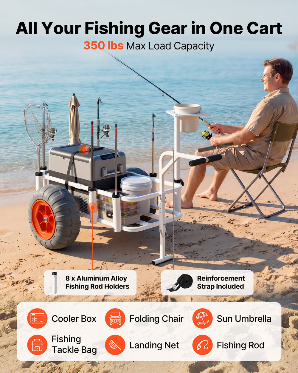 VEVOR Beach Fishing Cart, 350 lbs Load Capacity, Fishing Cart Wagon with Heavy-Duty Aluminum Alloy Frame, 16.5 in All-Terrain PU Balloon Tires, 8 Rod Holders, for Outdoor Activities Camping Picnic
