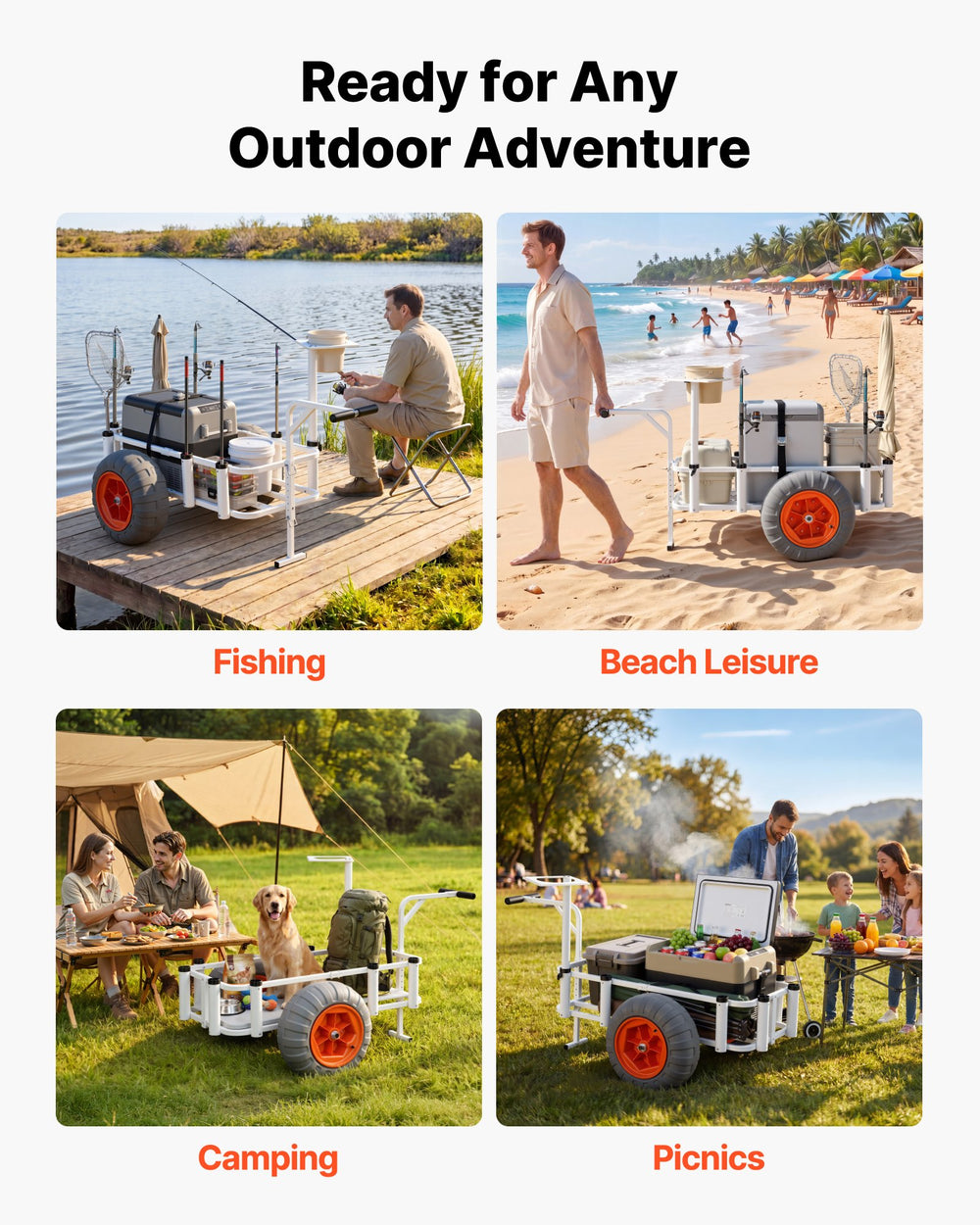 VEVOR Beach Fishing Cart, 350 lbs Load Capacity, Fishing Cart Wagon with Heavy-Duty Aluminum Alloy Frame, 16.5 in All-Terrain PU Balloon Tires, 8 Rod Holders, for Outdoor Activities Camping Picnic