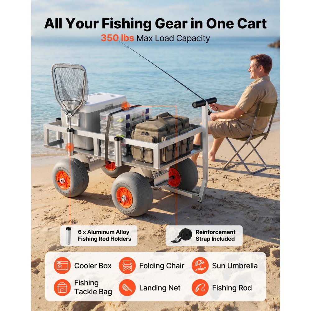 VEVOR Beach Fishing Cart, 350 lbs Load Capacity, Foldable Fishing Cart with Heavy-Duty Aluminum Alloy Frame, 13-Inch All-Terrain PU Balloon Tires, 6 Rod Holders, for Outdoor Activities Camping Picnic