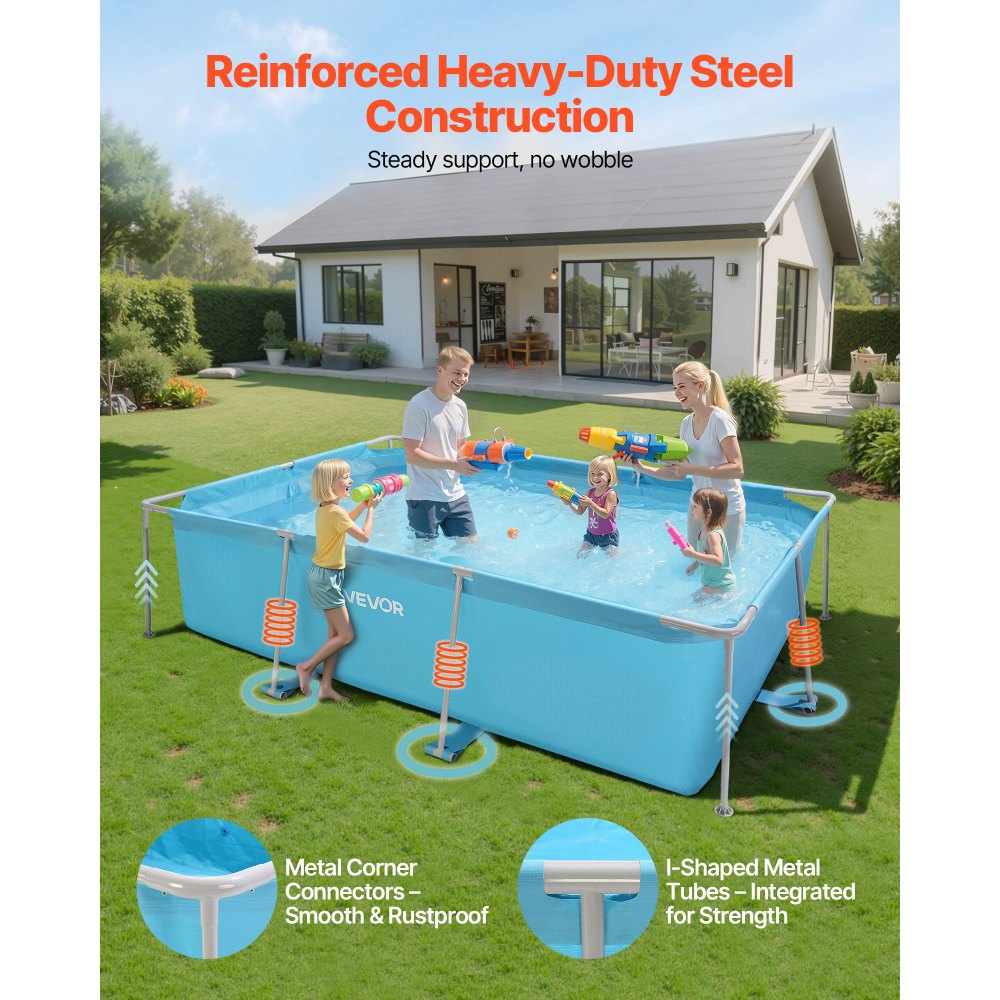 VEVOR Frame Above Ground Swimming Pool, 118 x 78 x 30 in Rectangular Steel Metal Frame, Large Rectangle Outdoor Backyard Family Pool, Easy to Assemble Rust-Resistant, 1046 Gallon Water Capacity, Blue