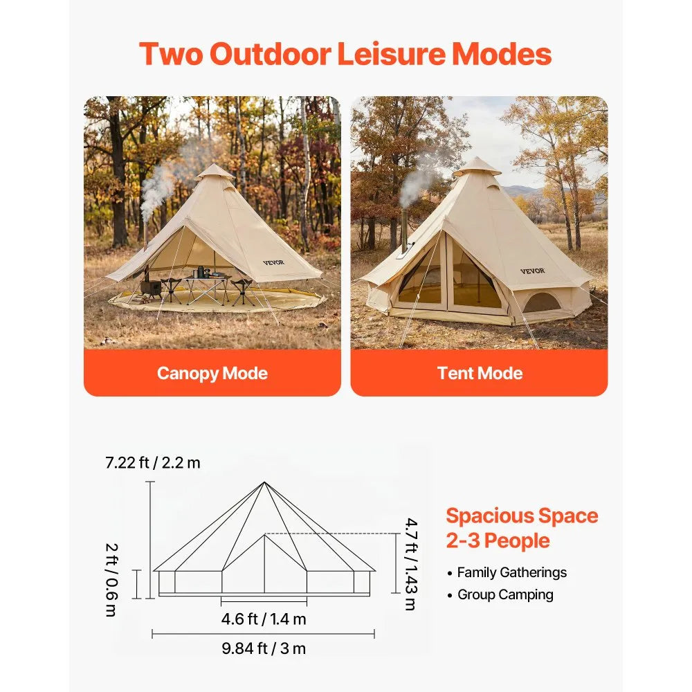 VEVOR Oxford Bell Tent, 4 Seasons 9.84 ft Yurt Tent for Camping with Stove Jack, Waterproof Breathable Holds up to 3 People with Zipped Detachable Floor, Family Camping Glamping Outdoor Hunting Party