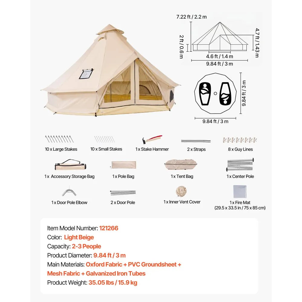 VEVOR Oxford Bell Tent, 4 Seasons 9.84 ft Yurt Tent for Camping with Stove Jack, Waterproof Breathable Holds up to 3 People with Zipped Detachable Floor, Family Camping Glamping Outdoor Hunting Party