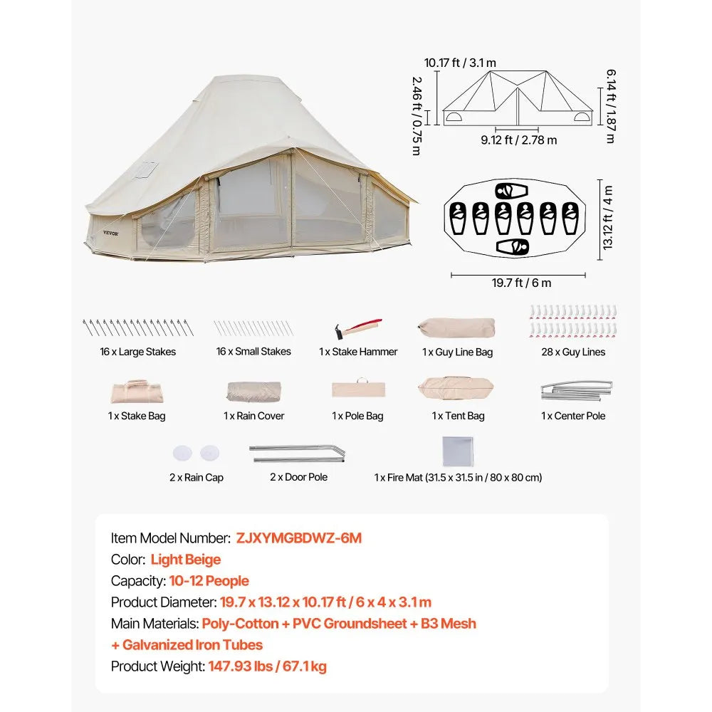 VEVOR Canvas Bell Tent, 4 Seasons 19.7 x 13.12 x 10.17 ft Yurt Tent for Camping with Stove Jack, Poly-Cotton Canvas Breathable Holds up to 12 People, for Family Camping Glamping Outdoor Hunting Party