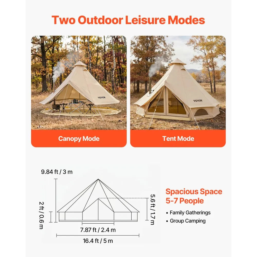 VEVOR Oxford Bell Tent, 4 Seasons 16.4 ft Yurt Tent for Camping with Stove Jack, Waterproof Breathable Holds up to 7 People with Zipped Detachable Floor, Family Camping Glamping Outdoor Hunting Party