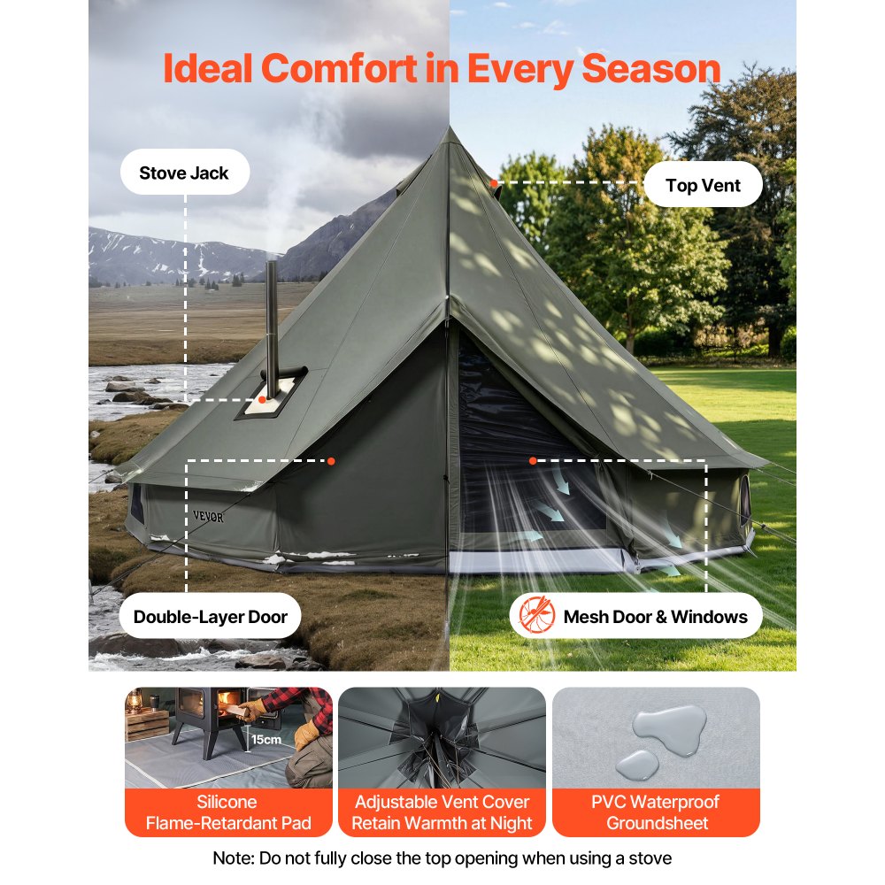 VEVOR Canvas Bell Tent, 4 Seasons 9.84 ft Yurt Tent for Camping with Stove Jack, Canvas Breathable Holds up to 3 People with Zipped Detachable Floor, for Family Camping Glamping Outdoor Hunting Party