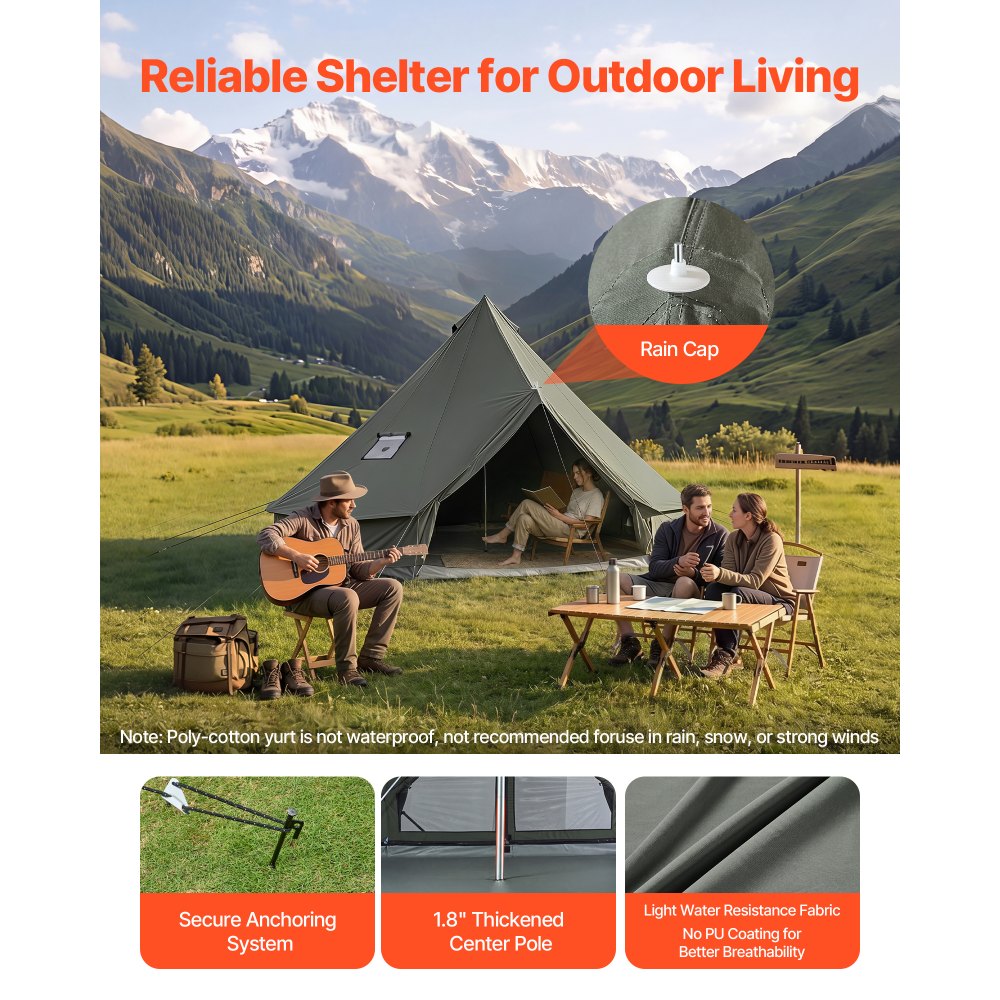 VEVOR Canvas Bell Tent, 4 Seasons 13.12 ft Yurt Tent for Camping with Stove Jack, Canvas Breathable Holds up to 4 People with Zipped Detachable Floor, for Family Camping Glamping Outdoor Hunting Party