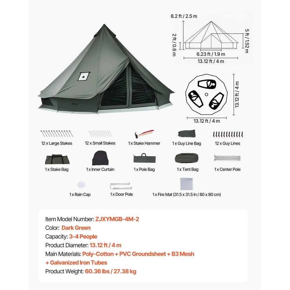 VEVOR Canvas Bell Tent, 4 Seasons 13.12 ft Yurt Tent for Camping with Stove Jack, Canvas Breathable Holds up to 4 People with Zipped Detachable Floor, for Family Camping Glamping Outdoor Hunting Party